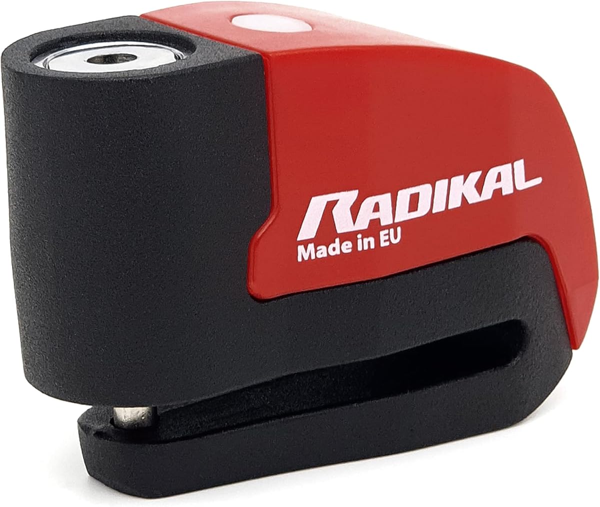 Ver especificaciones técnicas y precio actualizado de RADIKAL RK6 Candado Moto Disco Alarma 120db, Boton ON, Warning Avisador, Módulo Remplazable Fotografía técnica oficial de RADIKAL RK6 Candado Moto Disco Alarma 120db, Boton ON, Warning Avisador, Módulo Remplazable - Vista frontal con fondo blanco