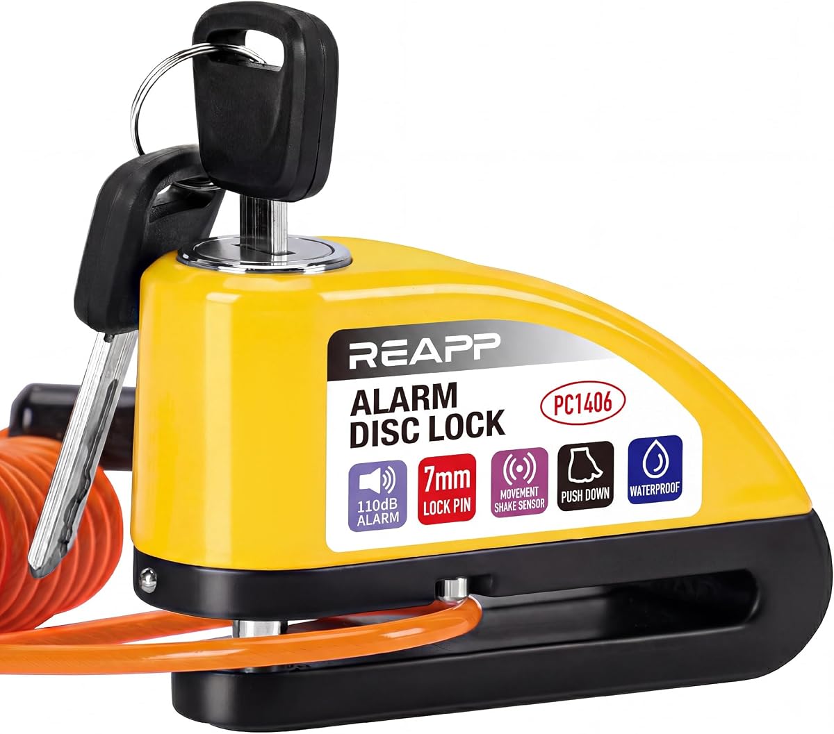 Ver especificaciones técnicas y precio actualizado de REAPP Candado Moto Disco con Alarma 110 dB, Antirrobo Moto Freno 7mm Fotografía técnica oficial de REAPP Candado Moto Disco con Alarma 110 dB, Antirrobo Moto Freno 7mm - Vista frontal con fondo blanco