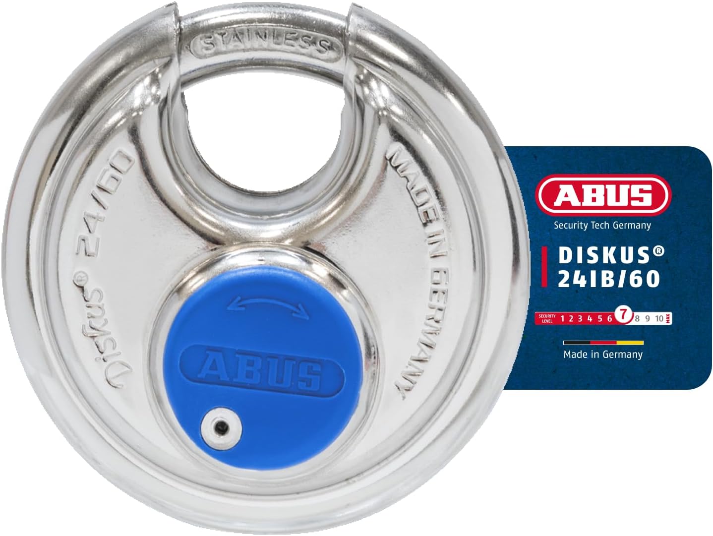 Fotografía técnica oficial de ABUS Diskus 24IB/60 - Candado Circular Redondo 100% Acero Inoxidable Grado Marino - Vista frontal con fondo blanco