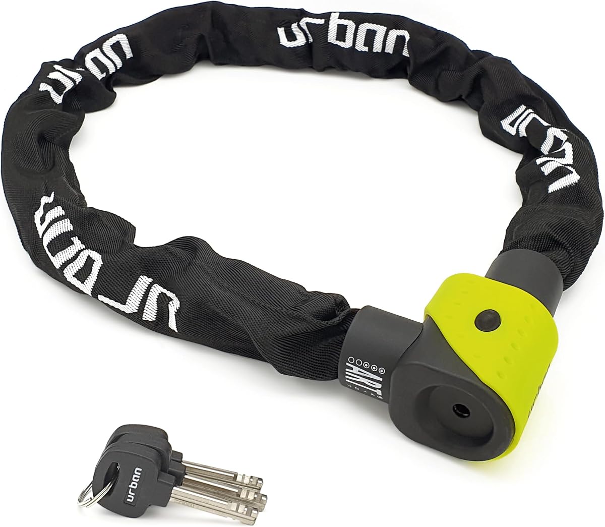 Fotografía técnica oficial de urban 10K120 Candado Moto Alta Seguridad, Cadena Antirrobo Homologada Art*** Recomendada Seguro Bicicleta - Vista frontal con fondo blanco