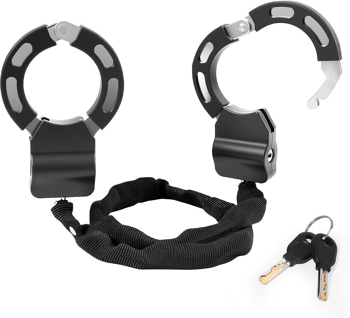Fotografía técnica oficial de Candado Patinete Electrico, Candado Bicicleta Antirrobo, Cadena Moto, para Scooters, Bicicletas Eléctricas, Cochecito - Vista frontal con fondo blanco