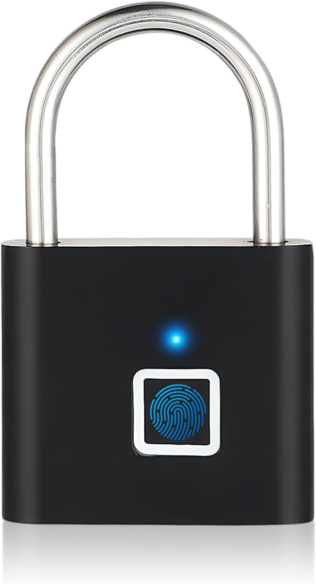 Fotografía técnica oficial de Candado con Huella Digital – USB-C Recargable, Impermeable & Antioxido – Para Gimnasio - Vista frontal con fondo blanco