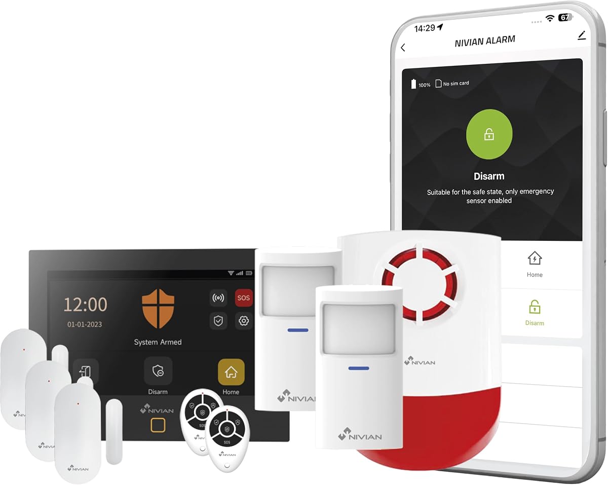 Fotografía técnica oficial de NIVIAN - Sistema de Alarma WiFi + gsm para Casa o Negocio - Vista frontal con fondo blanco