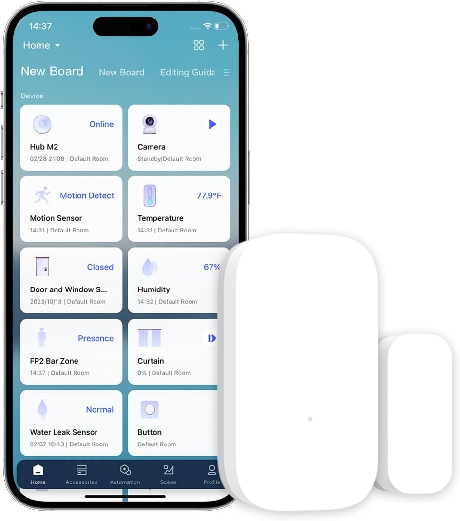 Fotografía técnica oficial de Aqara Sensor de Puertas y Ventanas, Requiere AQARA HUB, Conexión Zigbee - Vista frontal con fondo blanco