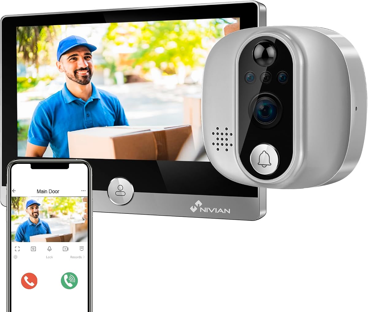 Fotografía técnica oficial de NIVIAN Mirilla Digital WiFi - Cámara vídeo Full HD con Batería y Timbre - Vista frontal con fondo blanco