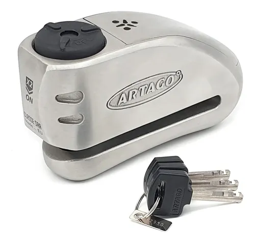 Fotografía técnica oficial de Artago 32S Candado Antirrobo Disco con Alarma 120dB y Sensor Homologado S.R.A. - Vista frontal con fondo blanco