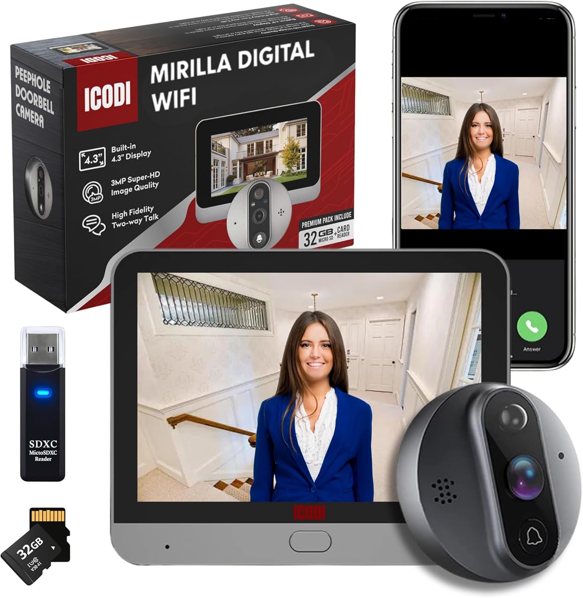 Fotografía técnica oficial de ICODI Mirilla Digital Puerta WiFi Grabadora, Pack Premium 3MP Super-HD, Pantalla 4.3", 5200 - Vista frontal con fondo blanco