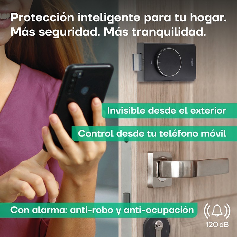 Cerrojo invisible inteligente Arregui Spin Up y mirilla digital conectada Vigilans en puerta blindada