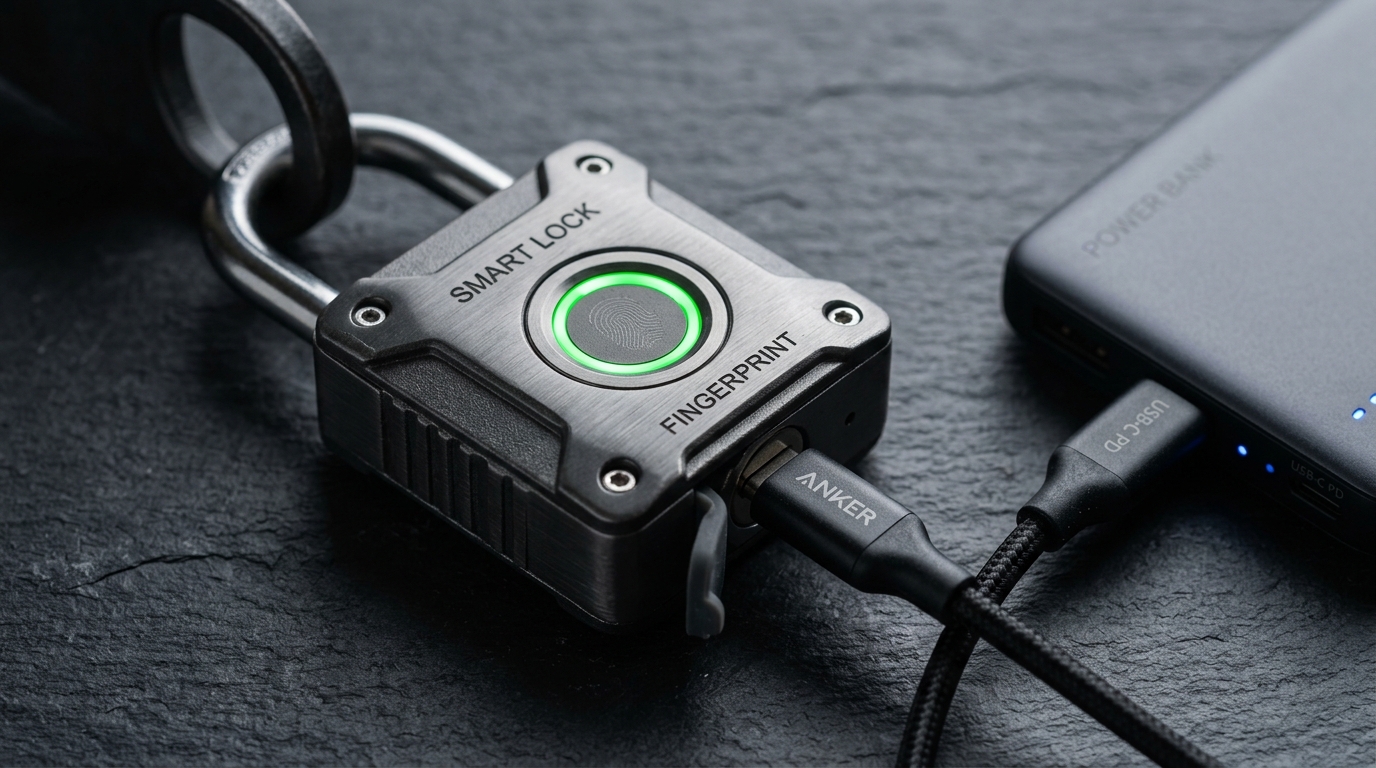 Candado inteligente conectado a un cable USB-C de emergencia con powerbank