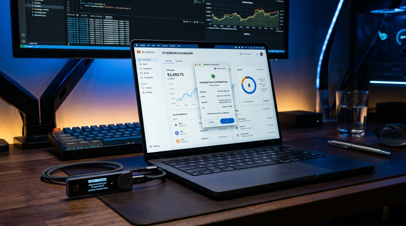 Conexión de hardware wallet a ordenador portátil con MetaMask, Rabby y Sparrow Wallet para firma Web3 en frío