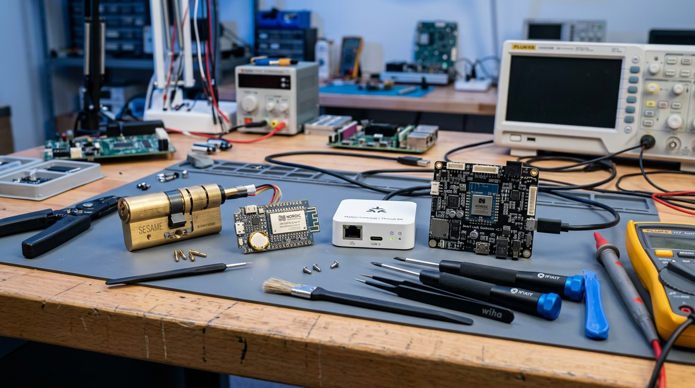 Banco de pruebas técnico con chips Nordic Thread, gateway Matter y cerradura inteligente