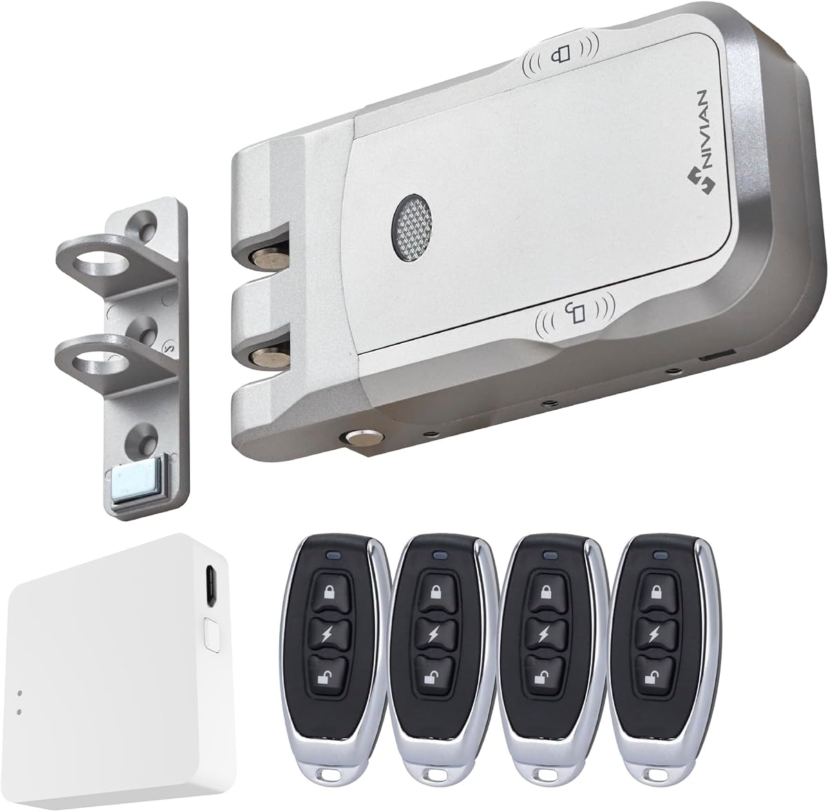 Fotografía técnica oficial de Nivian Cerrojo Invisible Inteligente NVS-SMARTBOLT – Cerradura Electrónica WiFi con App Móvil - Vista frontal con fondo blanco