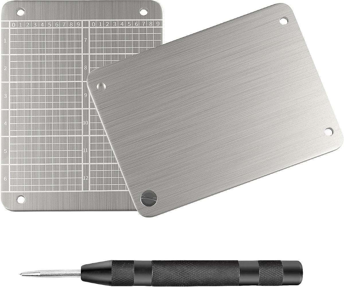 Ver especificaciones técnicas y precio actualizado de Steel Crypto Bitcoin Wallet, Seed Phrase Storage Cold Backup, Crypto Seed Phrase Plate Fotografía técnica oficial de Steel Crypto Bitcoin Wallet, Seed Phrase Storage Cold Backup, Crypto Seed Phrase Plate - Vista frontal con fondo blanco