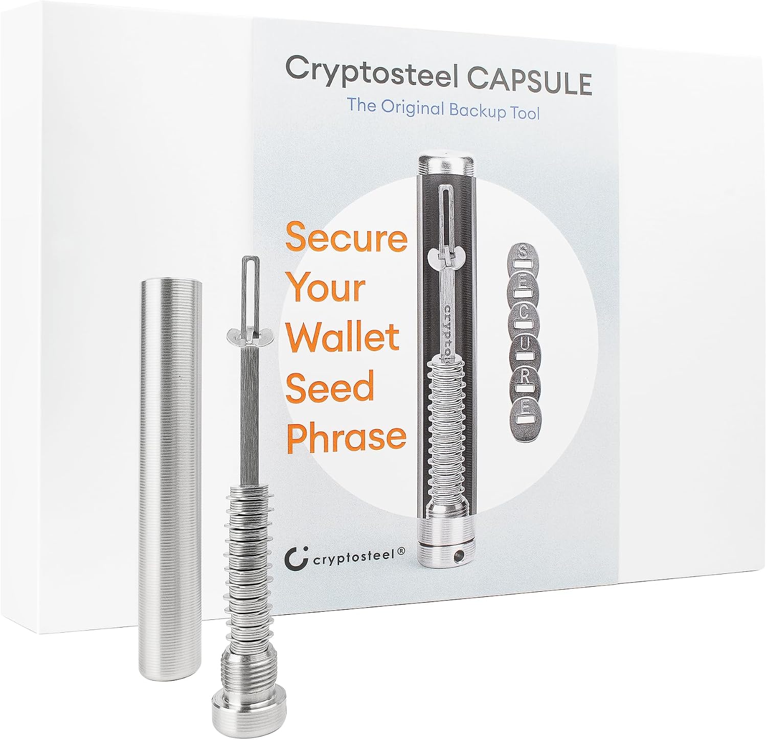 Fotografía técnica oficial de Cryptosteel Capsule - Cápsula de Acero Inoxidable para Semillas BIP-39 Anti-Fuego - Vista frontal con fondo blanco