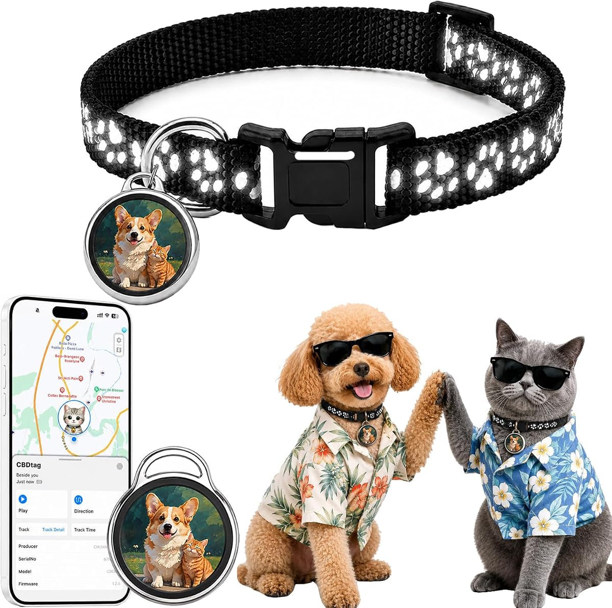 Fotografía técnica oficial de Collar GPS Gatos,GPS Gatos sin suscripción,Localizador GPS Perros Compatible con iOS y Androi,Seguimiento - Vista frontal con fondo blanco