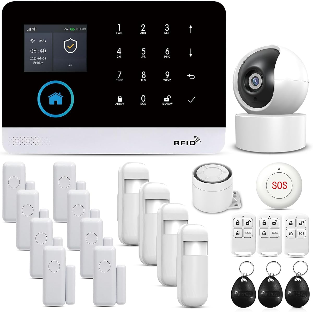 Fotografía técnica oficial de PGST Sistema de Alarma, Alarma doméstica inalámbrica gsm WiFi, con Cámara de Seguridad - Vista frontal con fondo blanco