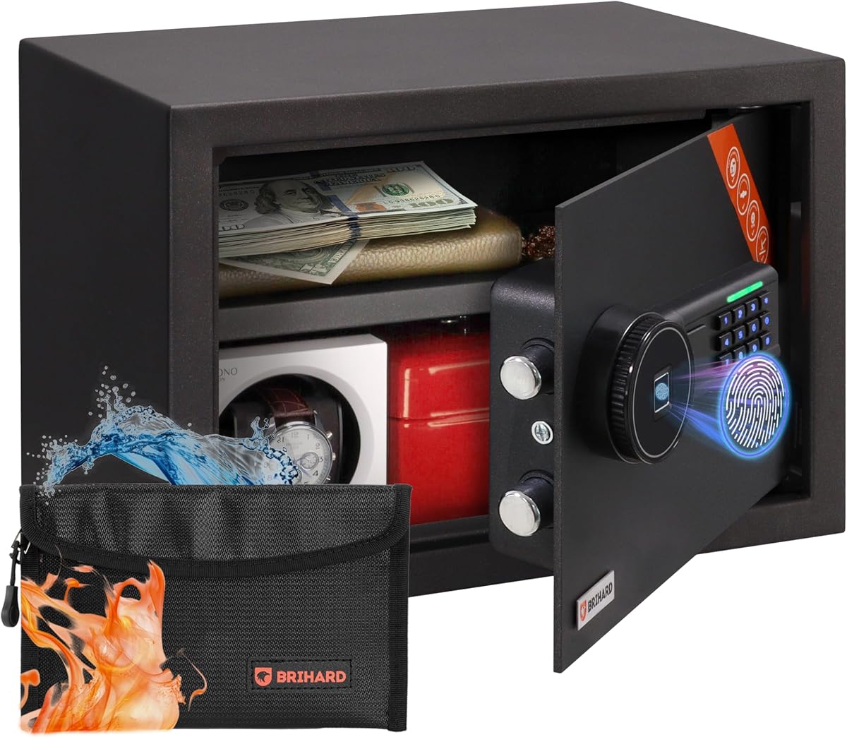 Fotografía técnica oficial de Family Caja Fuerte Biométrica 25x35x25cm con Ignífuga Bolsa, Apertura con Huella Dactilar, Estante - Vista frontal con fondo blanco