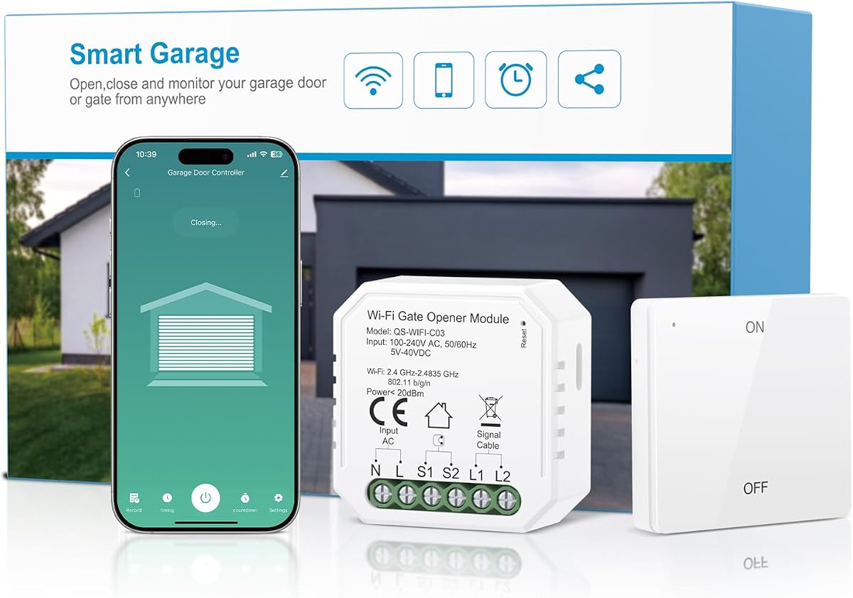 Fotografía técnica oficial de Maxcio Abridor de Puerta de Garaje Inteligente WiFi, Compatible con Alexa/Google Home, Control - Vista frontal con fondo blanco