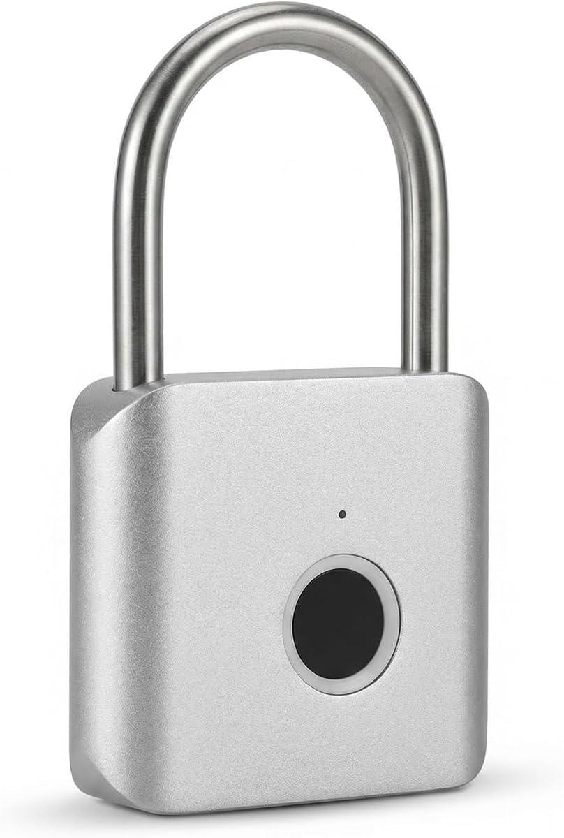 Fotografía técnica oficial de Candado con Huella Digital IP56, Candado Inteligente Recargable USB-C Sin Llaves 30 Huellas,Antirobo - Vista frontal con fondo blanco