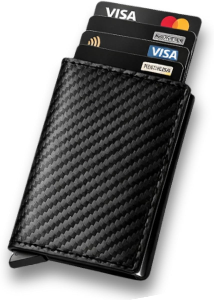 Fotografía técnica oficial de Cartera Minimalista Hombre RFID – Tarjetero Pop Up de Fibra de Carbono, Slim - Vista frontal con fondo blanco