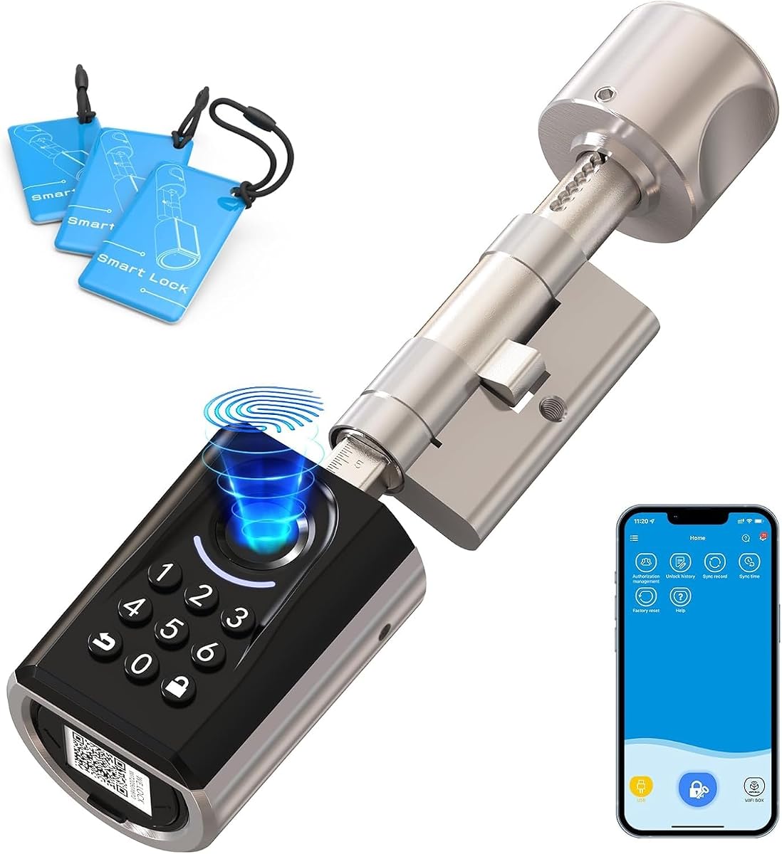 Fotografía técnica oficial de WELOCK ToucA51 Cerradura inteligente,Cerradura con huella digital,Código,Tarjeta RFID,APP,Cerradura Electronica WiFi,Smart Lock IP65,Fácil - Vista frontal con fondo blanco