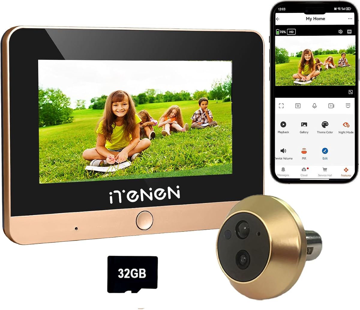 Fotografía técnica oficial de 6DG3 Mirilla Digital de Puerta WiFi 2K Tarjeta de Memoria de 32 GB - Vista frontal con fondo blanco
