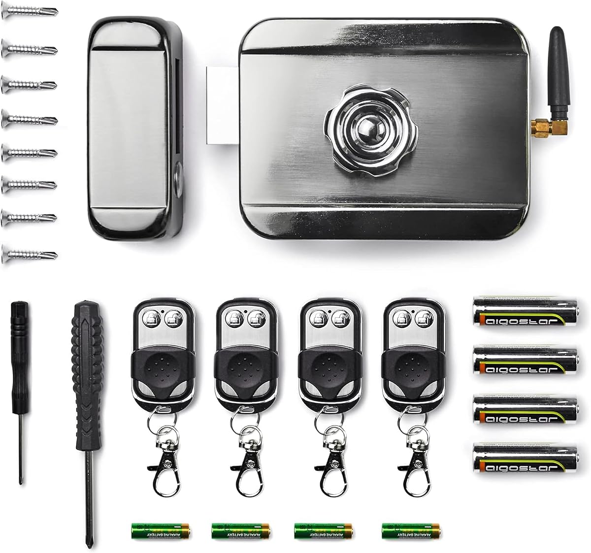 Fotografía técnica oficial de All Home Basics Cerradura Invisible de seguridad con control remoto - para puerta - Vista frontal con fondo blanco