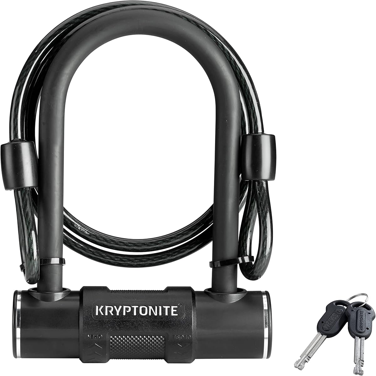 Ver especificaciones técnicas y precio actualizado de Kryptonite - Candado en U para bicicleta con cable de acero trenzado, candado Fotografía técnica oficial de Kryptonite - Candado en U para bicicleta con cable de acero trenzado, candado - Vista frontal con fondo blanco