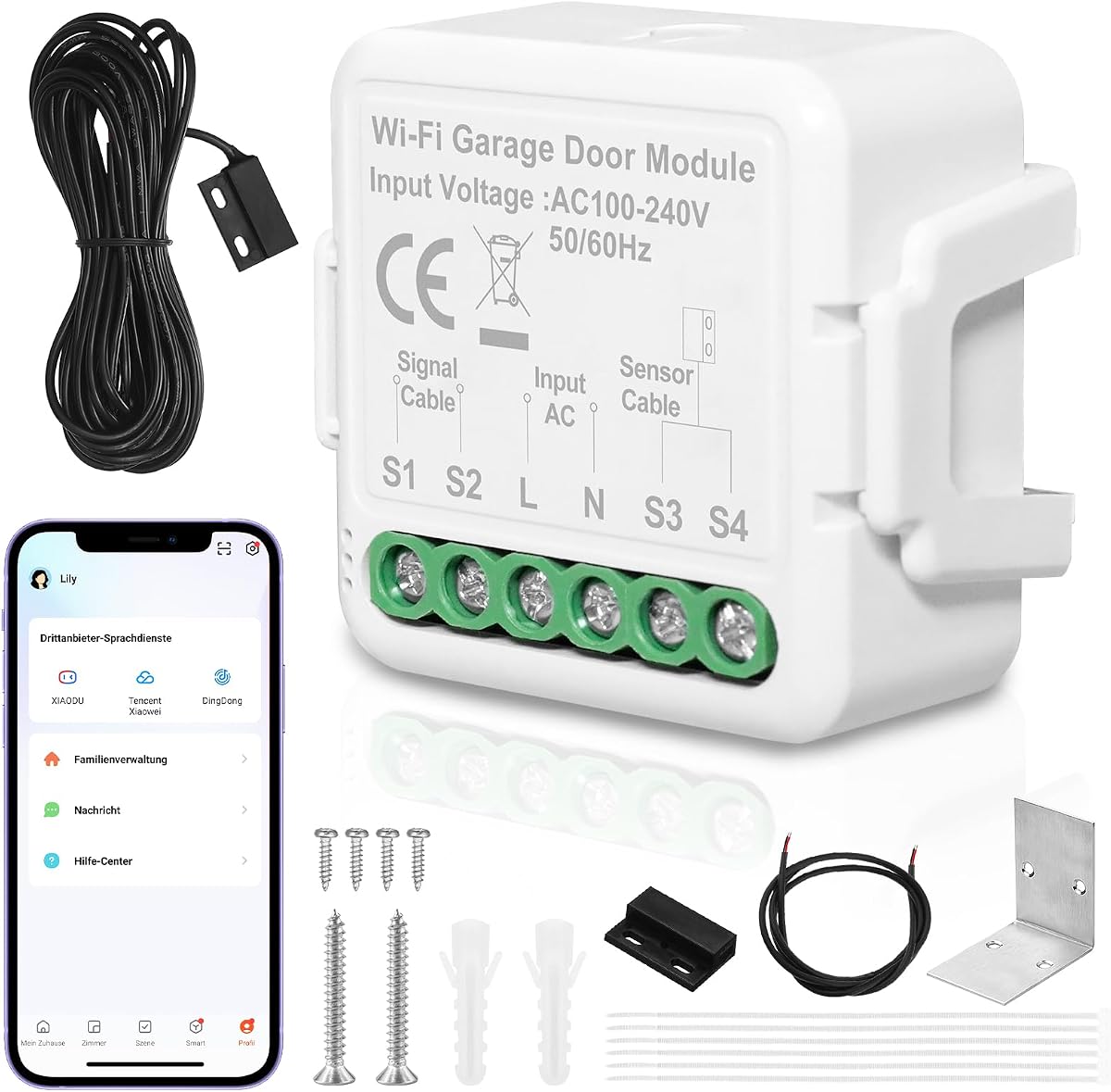 Ver especificaciones técnicas y precio actualizado de Abridor de puerta de garaje inteligente WiFi, abrir puerta garaje con el movil Fotografía técnica oficial de Abridor de puerta de garaje inteligente WiFi, abrir puerta garaje con el movil - Vista frontal con fondo blanco