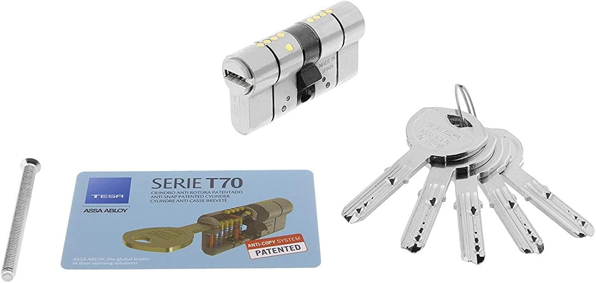 Fotografía técnica oficial de Tesa Assa Abloy, T75D3040N, Cilindro de Alta Seguridad, T70 DS, Doble Embrague, Leva - Vista frontal con fondo blanco