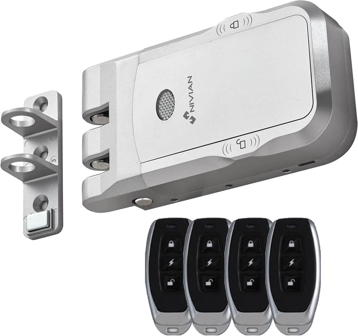 Ver especificaciones técnicas y precio actualizado de Nivian Cerrojo Invisible Electrónico Inalámbrico – Cerradura Antivandálica por Radiofrecuencia con Mandos Fotografía técnica oficial de Nivian Cerrojo Invisible Electrónico Inalámbrico – Cerradura Antivandálica por Radiofrecuencia con Mandos - Vista frontal con fondo blanco