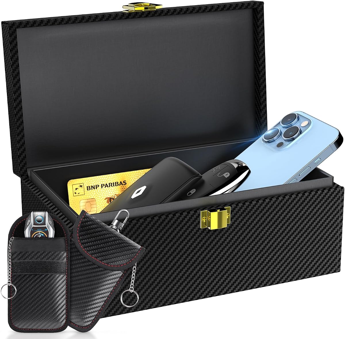 Fotografía técnica oficial de lanpard Caja Faraday con funda Faraday 2 piezas, protección segura para llaves - Vista frontal con fondo blanco