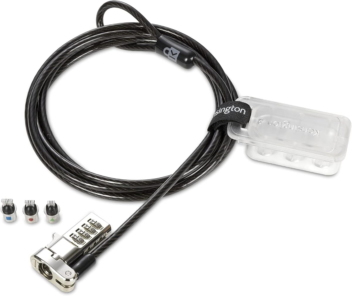 Fotografía técnica oficial de Kensington Kit de Seguridad 3-en-1 para Portátiles, Dispositivo Antirrobo para Ordenadores, Cable - Vista frontal con fondo blanco