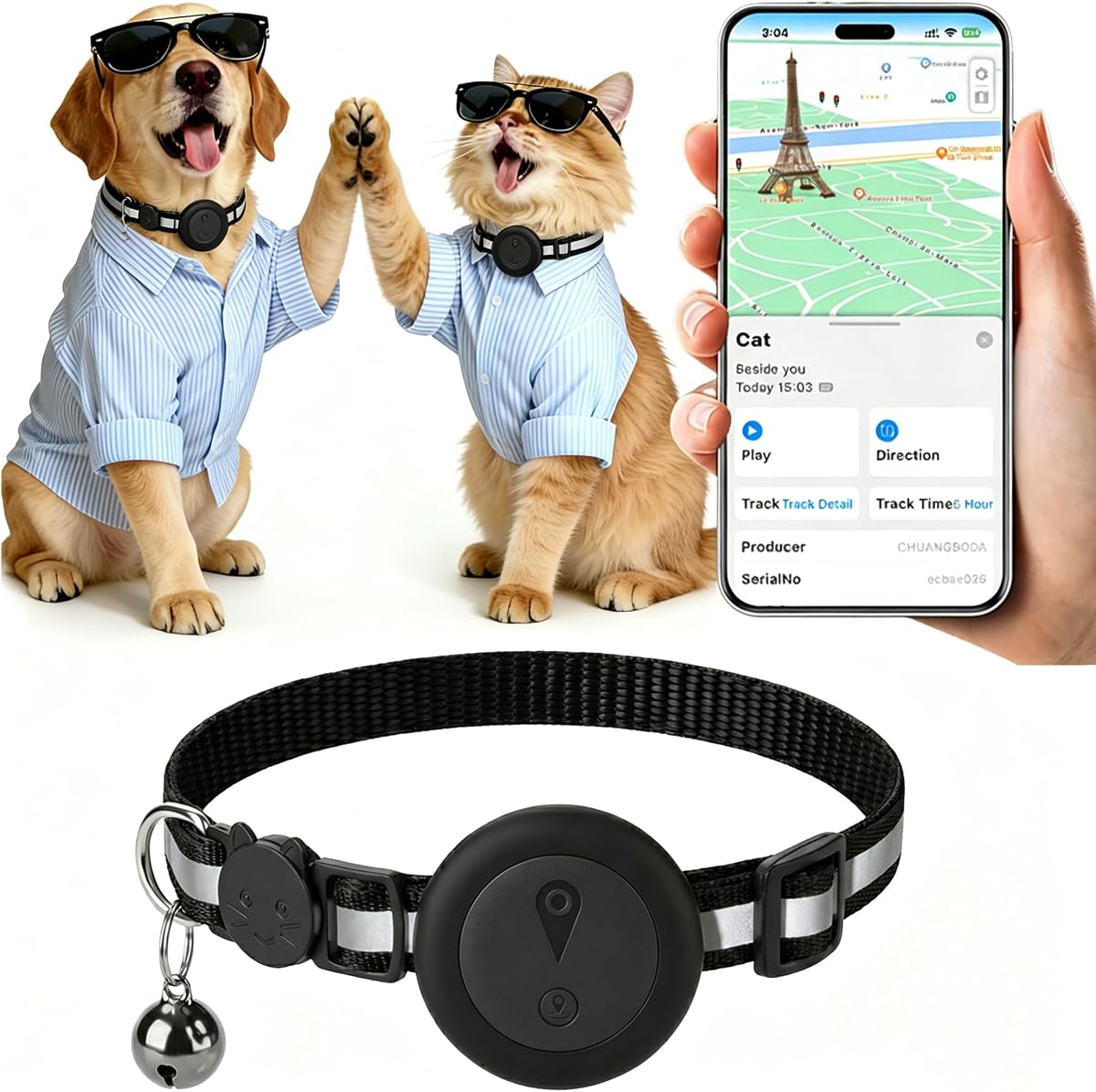Fotografía técnica oficial de Collar GPS Gatos 2 en 1,Localizador GPS Perros con Seguimiento en Tiempo Real - Vista frontal con fondo blanco