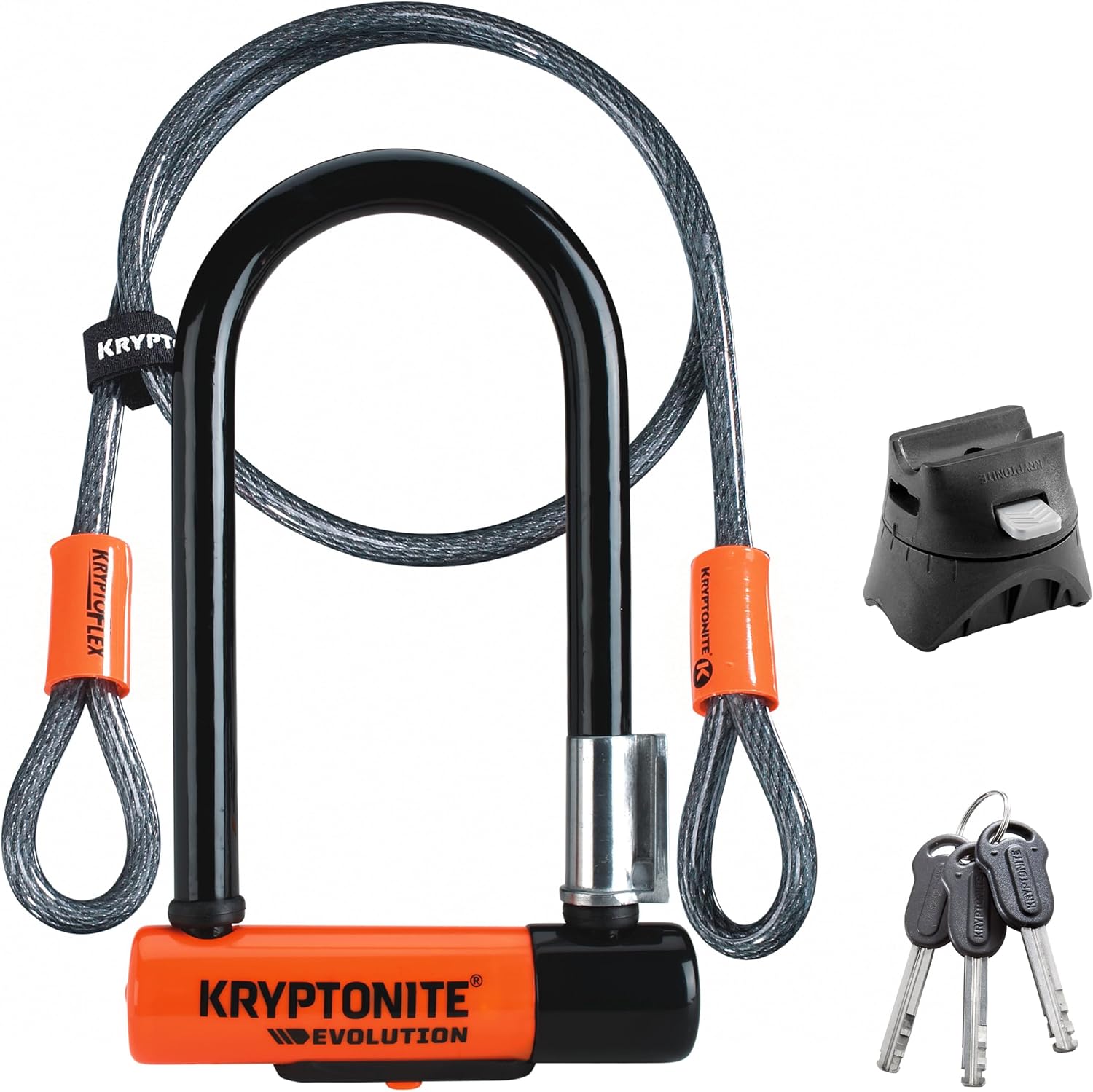 Fotografía técnica oficial de Kryptonite Evolution Mini-7 - Candado en U de 13mm con Cable de Acero - Vista frontal con fondo blanco