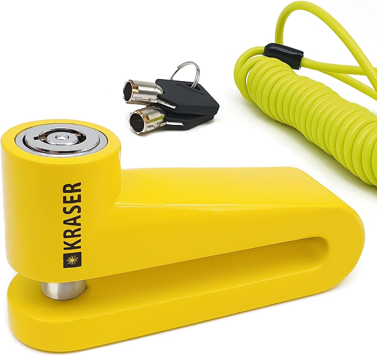 Fotografía técnica oficial de KRASER KR710Y Candado Moto Disco, Amarillo ø10mm Más Disuasorio, Cerradura Anti-taladro, Seguridad Compacta - Vista frontal con fondo blanco