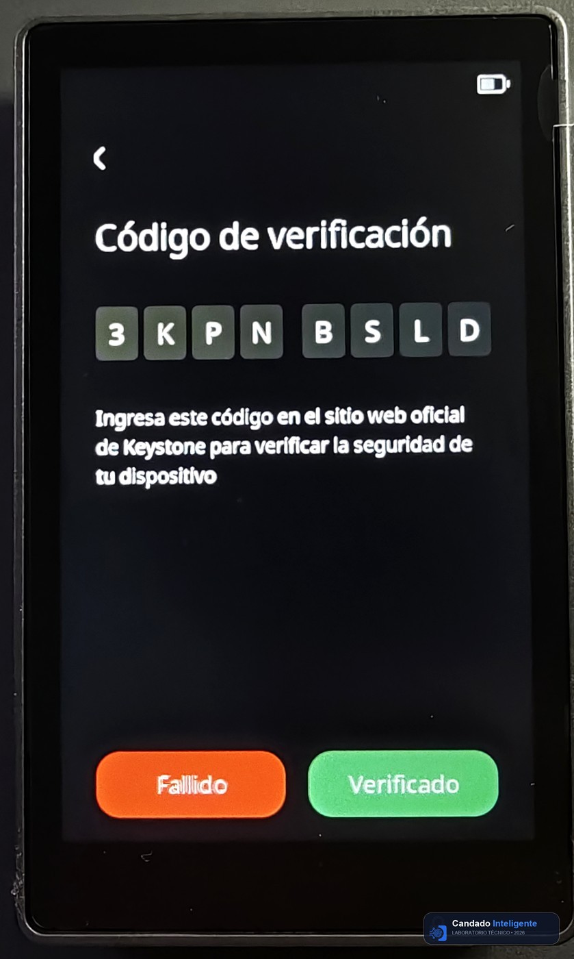 Pantalla de verificación de autenticidad en la Keystone 3 Pro durante nuestras pruebas de laboratorio con el código de comprobación WebUSB