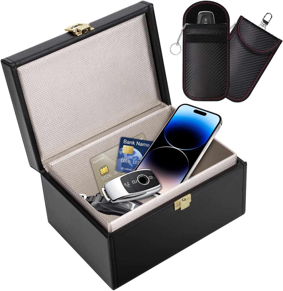 Ver especificaciones técnicas y precio actualizado de Caja Faraday Antirrobo & 2 Funda Faraday para Llaves de Coche, Caja PU Fotografía técnica oficial de Caja Faraday Antirrobo & 2 Funda Faraday para Llaves de Coche, Caja PU - Vista frontal con fondo blanco