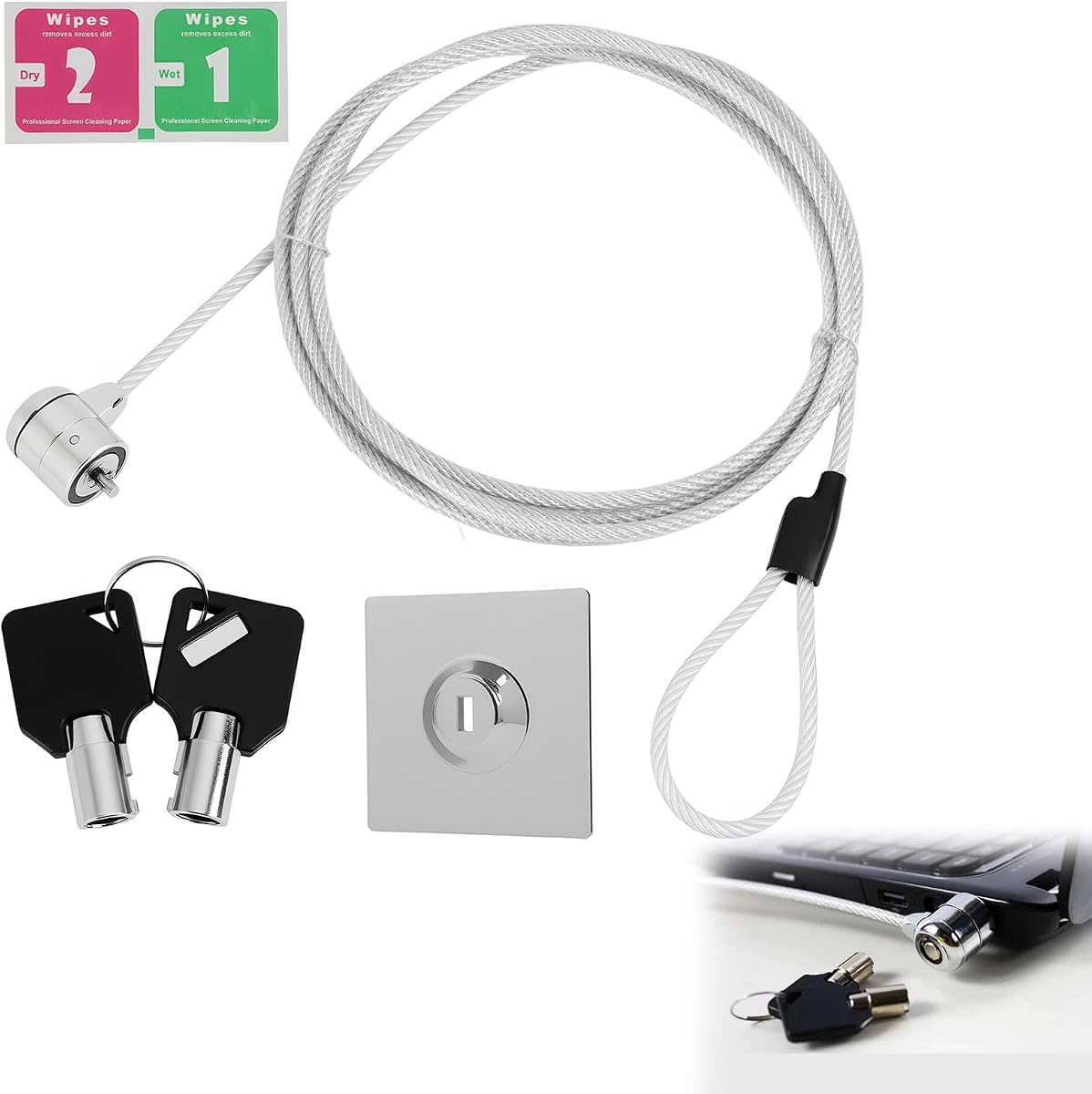 Ver especificaciones técnicas y precio actualizado de Candado de Seguridad para Portátiles con Cable de Acero de 2m y Llave Fotografía técnica oficial de Candado de Seguridad para Portátiles con Cable de Acero de 2m y Llave - Vista frontal con fondo blanco