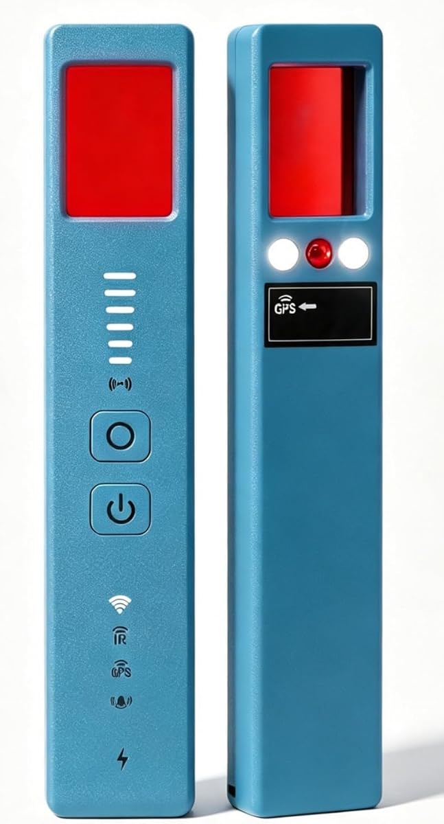 Fotografía técnica oficial de Detector de Cámaras y Micrófonos Ocultos – 5 en 1 Antiespía: Detector GPS - Vista frontal con fondo blanco