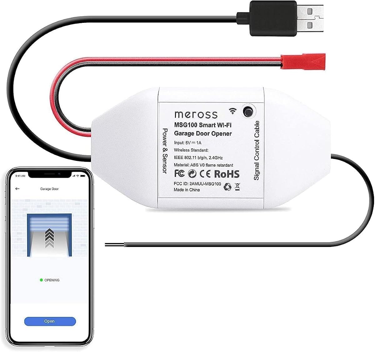 Fotografía técnica oficial de Meross Abridor de Garaje WiFi Inteligente con Notificaciones | Compatible con Alexa, Google - Vista frontal con fondo blanco