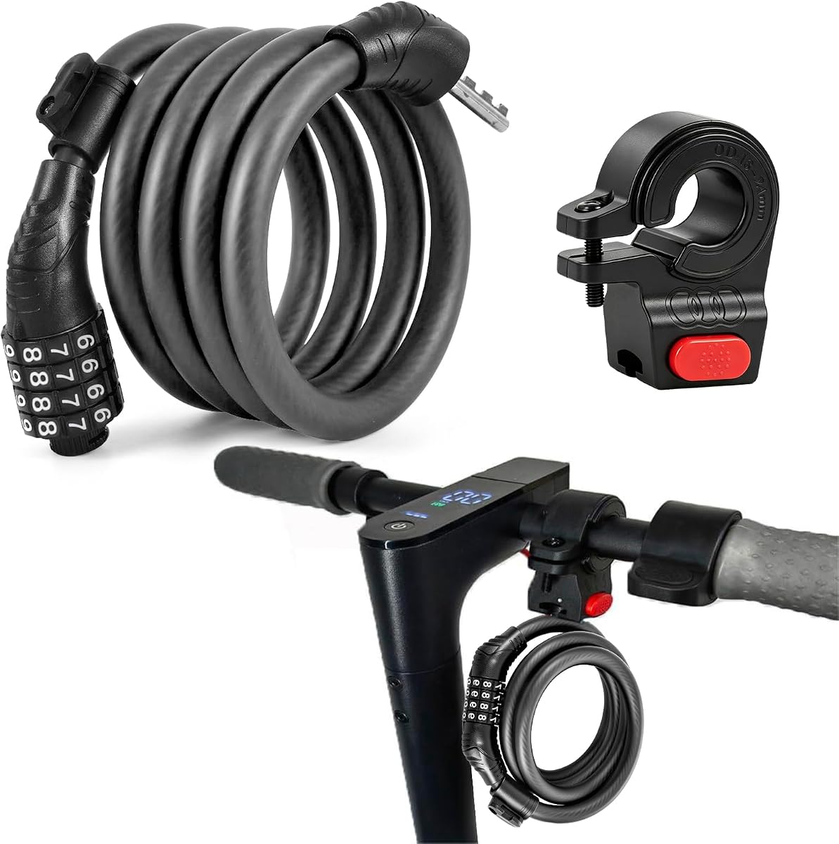 Fotografía técnica oficial de antirrobo Patinete Eléctrico Antirrobo para Scooter y Bicicleta, 120 cm x 12 mm - Vista frontal con fondo blanco