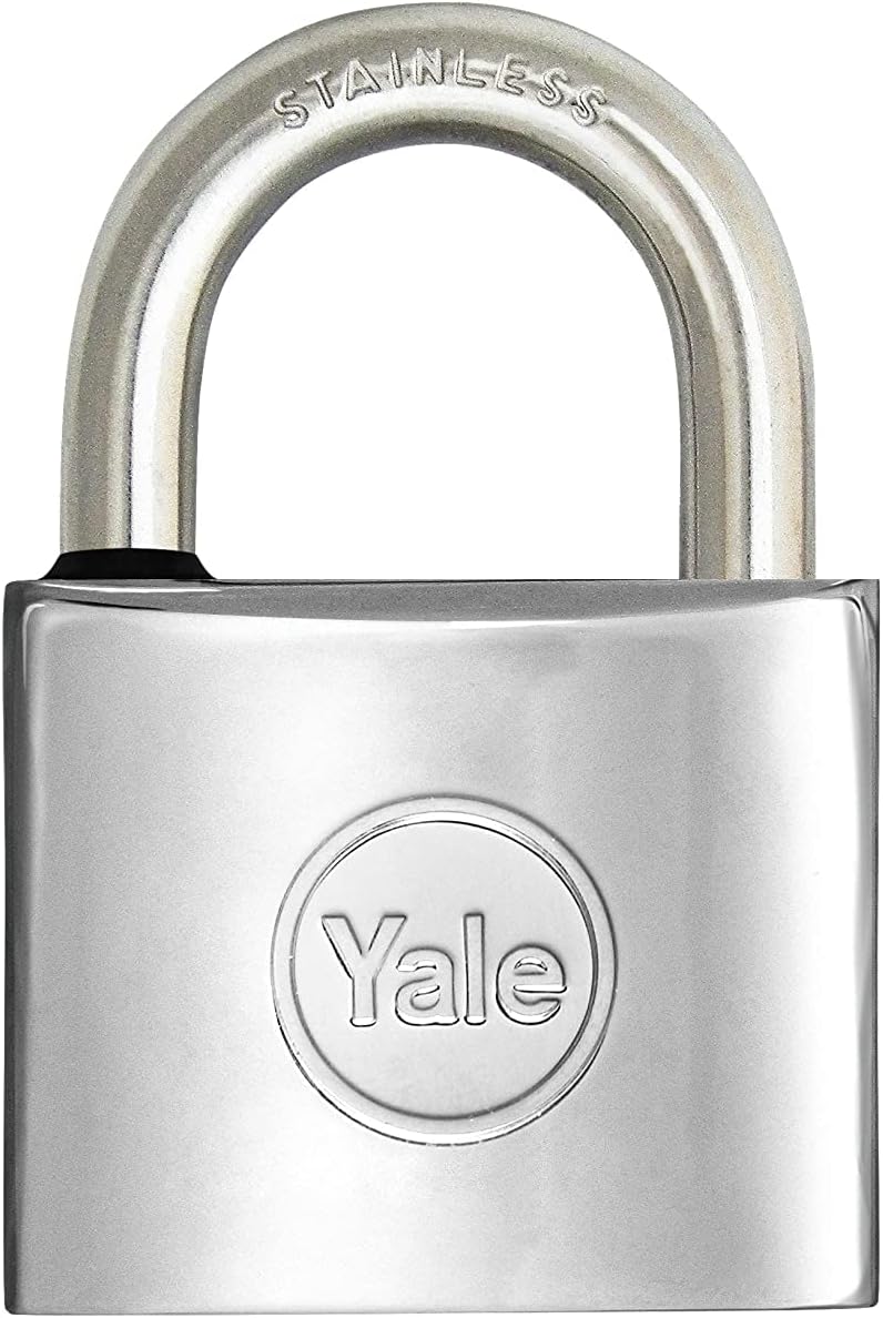 Fotografía técnica oficial de YALE Candado marino de latón Y1100030080X, ancho del cuerpo 30 mm, arco largo - Vista frontal con fondo blanco