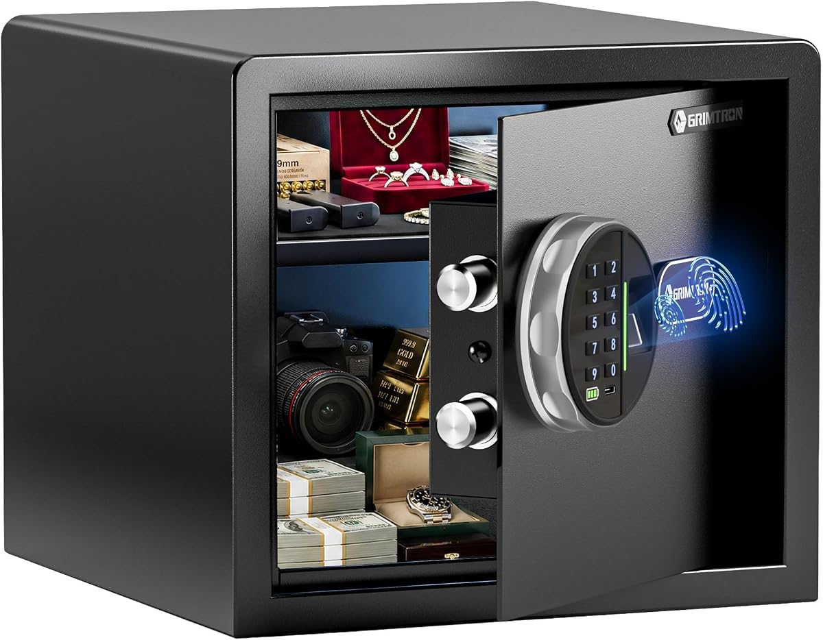 Fotografía técnica oficial de Grimtron Caja fuerte biométrica 22L, 9,1 kg | Huella digital, modo silencioso, teclado - Vista frontal con fondo blanco