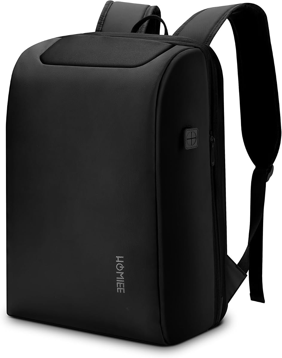 Fotografía técnica oficial de HOMIEE Mochila Antirrobo para Portatil Impermeable Mochila de Viaje de Negocios Expandible Mochila - Vista frontal con fondo blanco