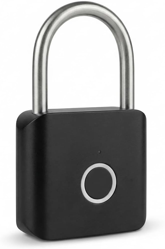 Fotografía técnica oficial de Candado con Huella Digital IP56, Candado Inteligente Recargable USB-C Sin Llaves 30 Huellas,Antirobo - Vista frontal con fondo blanco