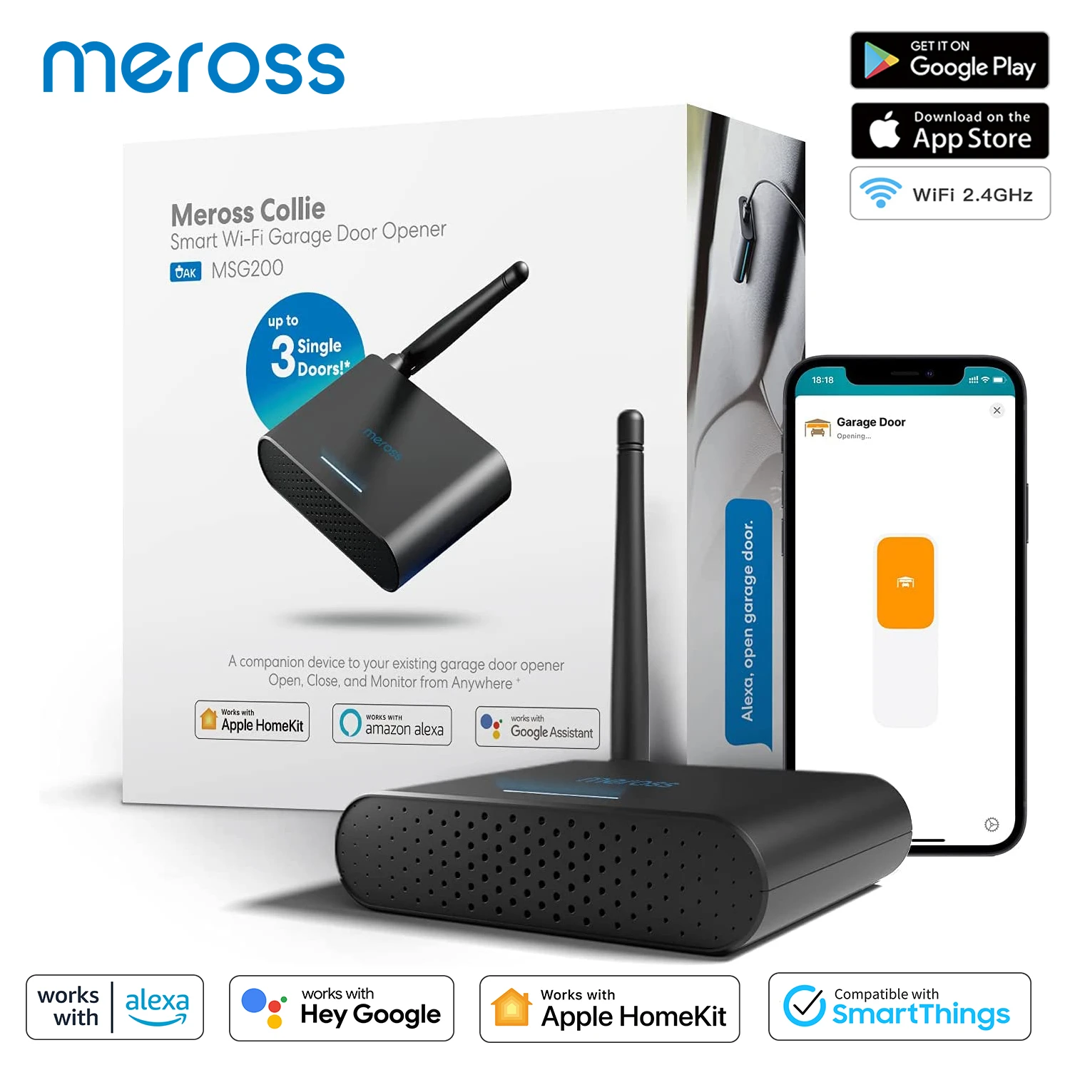 Fotografía técnica oficial de Meross Smart Garage Door Opener Compatible con Apple HomeKit, Alexa y Google - Vista frontal con fondo blanco