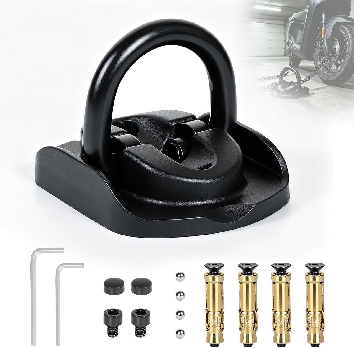 Fotografía técnica oficial de SWAWIS Anclaje Suelo Moto Antirrobo Seguridad Fijacion Pared Universal | ø14mm Arco - Vista frontal con fondo blanco