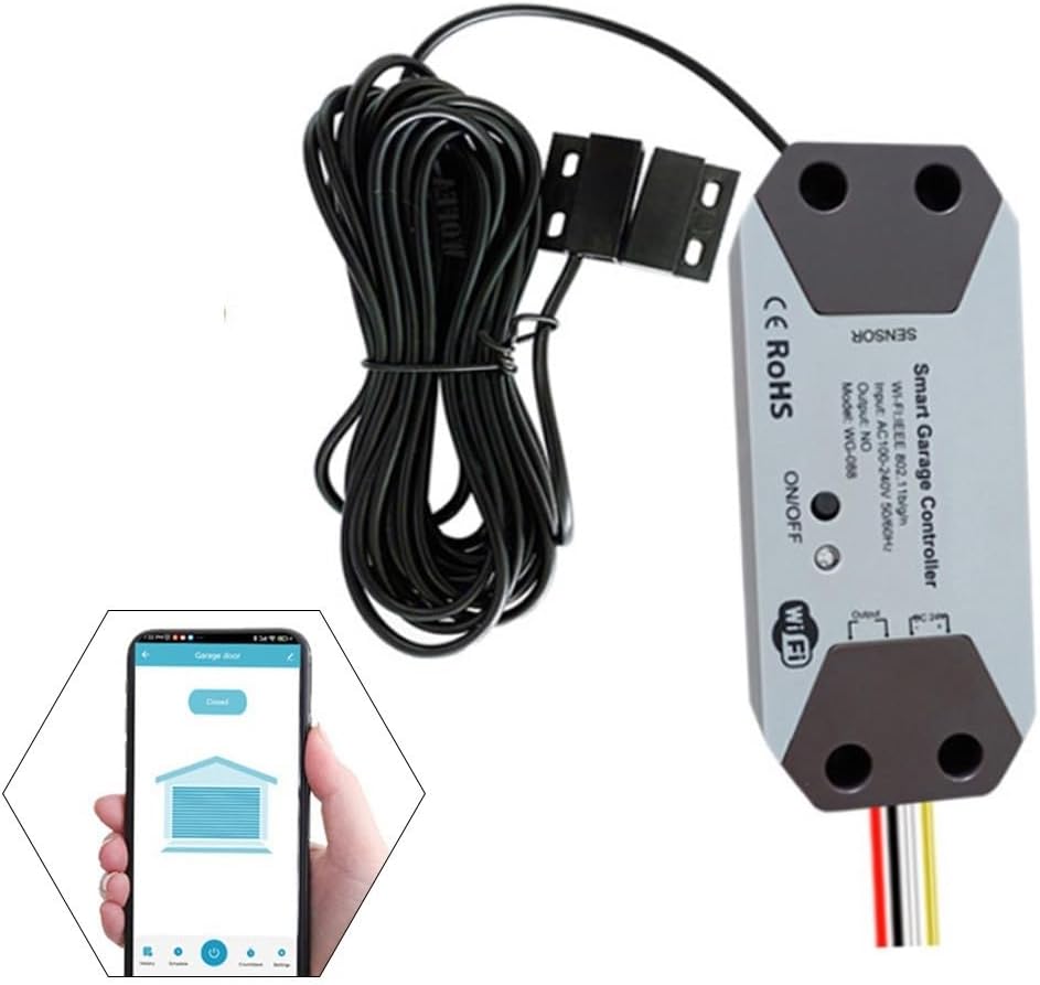 Ver especificaciones técnicas y precio actualizado de Abridor de garaje inteligente WiFi para TUYA 12-24V con sensor magnético para monitoreo Fotografía técnica oficial de Abridor de garaje inteligente WiFi para TUYA 12-24V con sensor magnético para monitoreo - Vista frontal con fondo blanco
