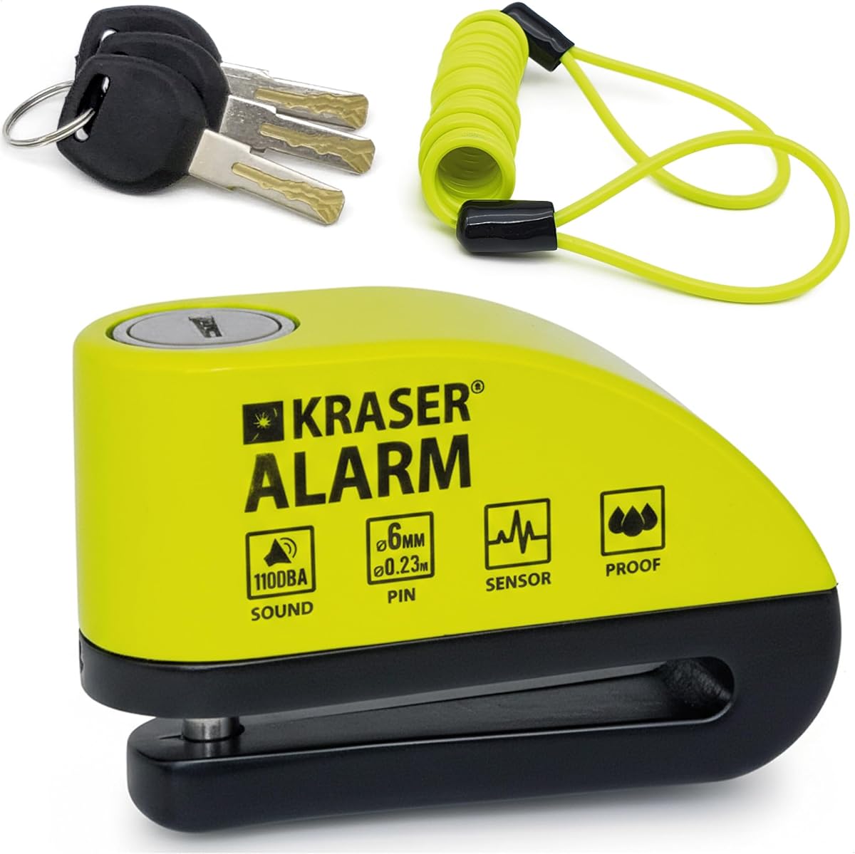 Fotografía técnica oficial de KRASER 6Y Candado Moto con Alarma 110dB, Antirrobo Disco Reforzado, 3 Llaves Alta - Vista frontal con fondo blanco